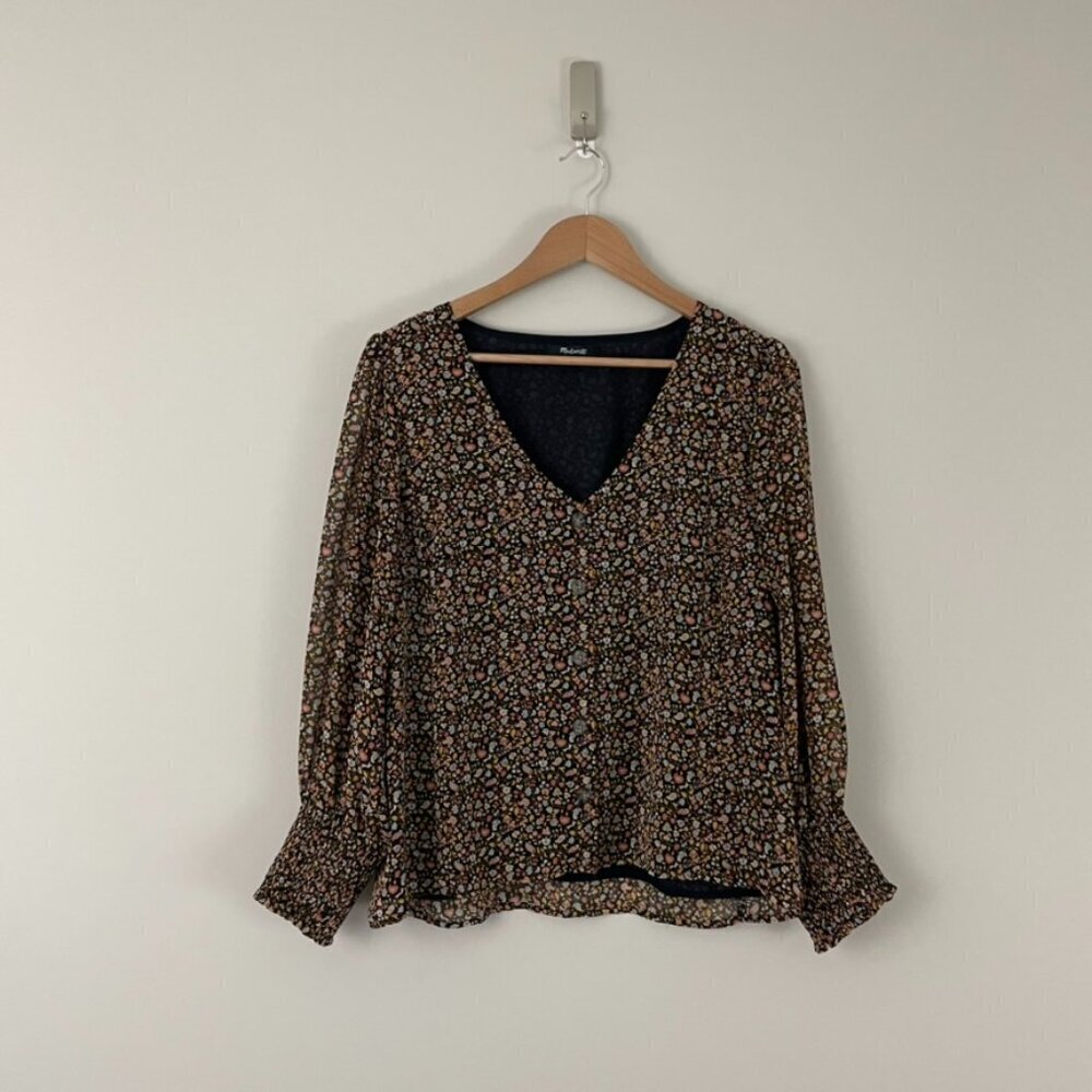 Madewell Georgette Smocked-Cuff Button-Front Shirt in Folktale Paisley Size 12